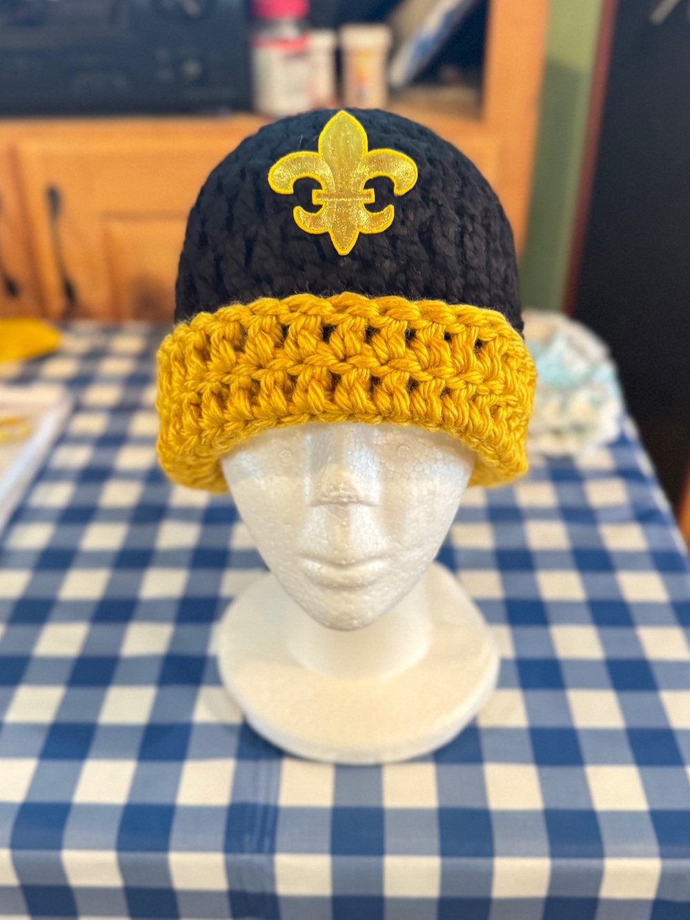 Handmade Black and Gold Adult Beanie with Fleur-de-Lis Accent available any size